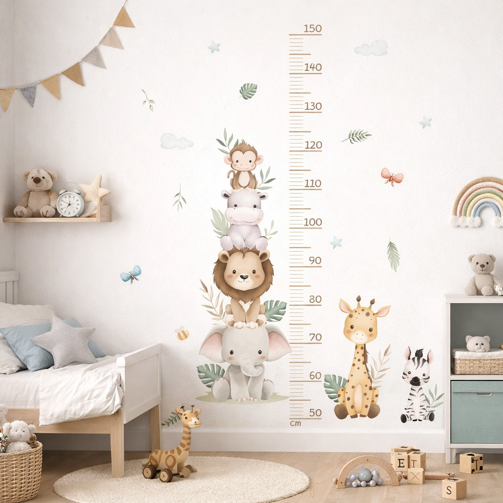 Kids Growth Chart Wall Sticker – Cute Stacked Jungle Animals Height Measure