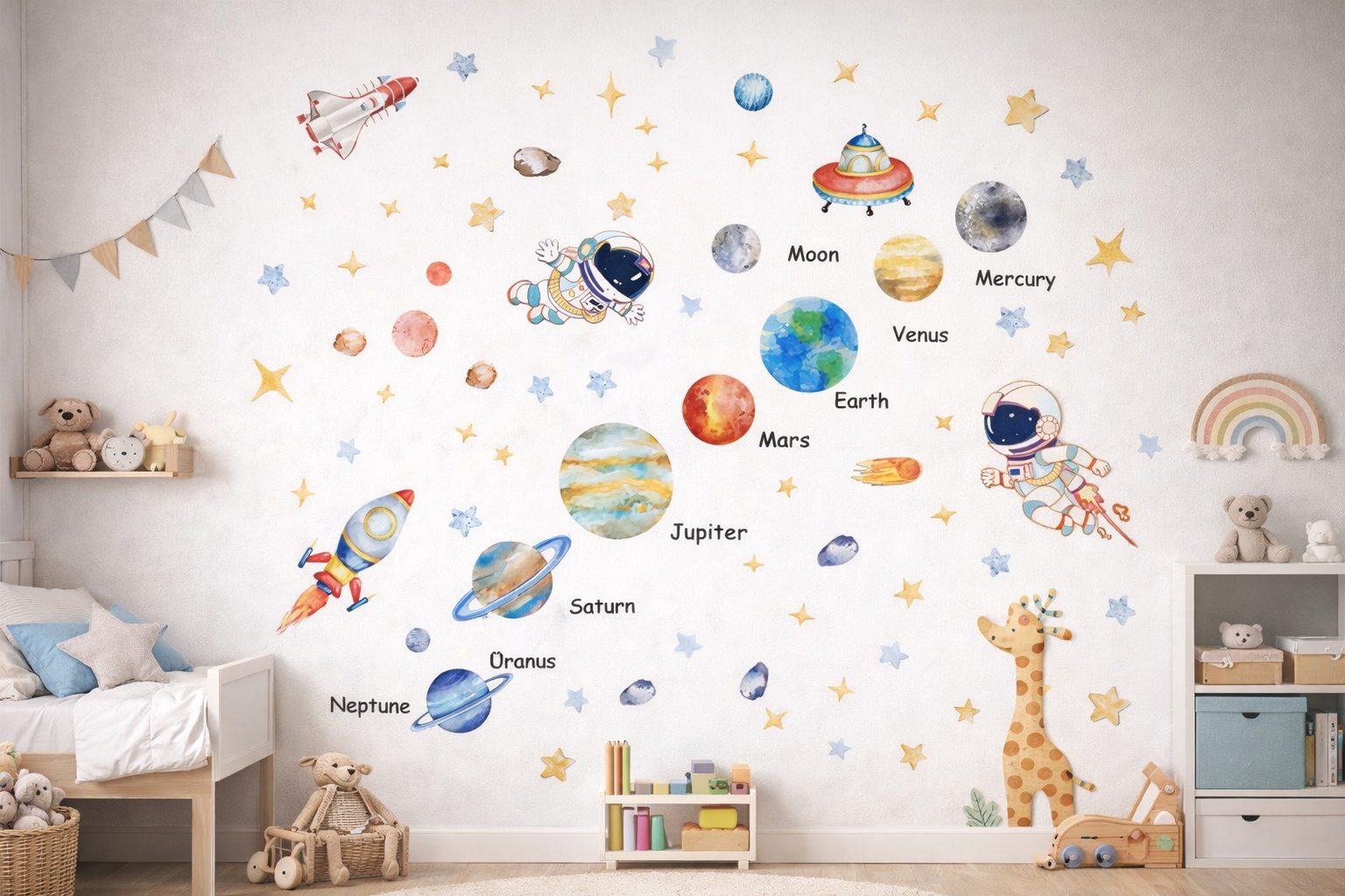 2pcs Planet Astronaut Rocket Wall Stickers – PVC Removable Space Decor for Kids