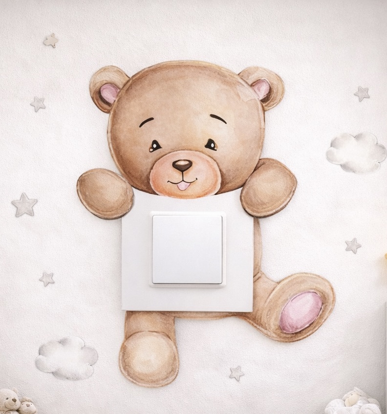 Cute Teddy Bear Light Switch Wall Sticker – Cartoon Nursery Kids Room Decor