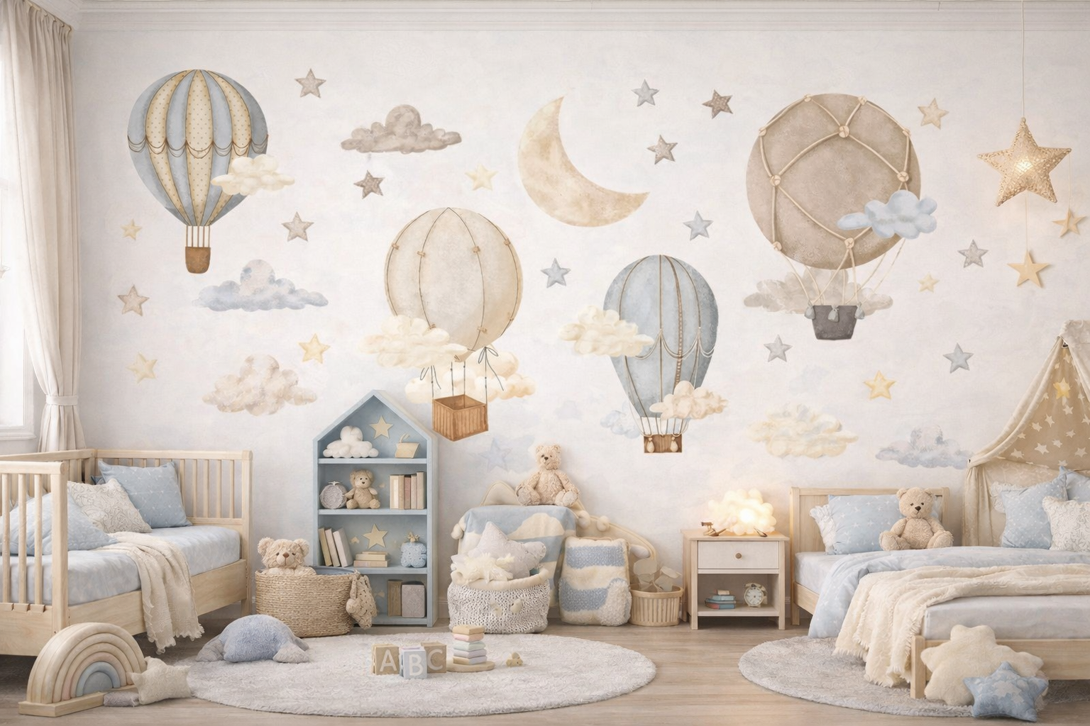 Bohemian Cartoon Hot Air Balloon Wall Sticker – Star with Moon PVC Nursery Decor