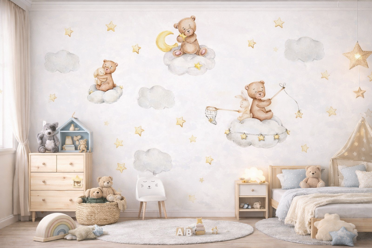 Cartoon Bear Cloud with Moon Wall Stickers