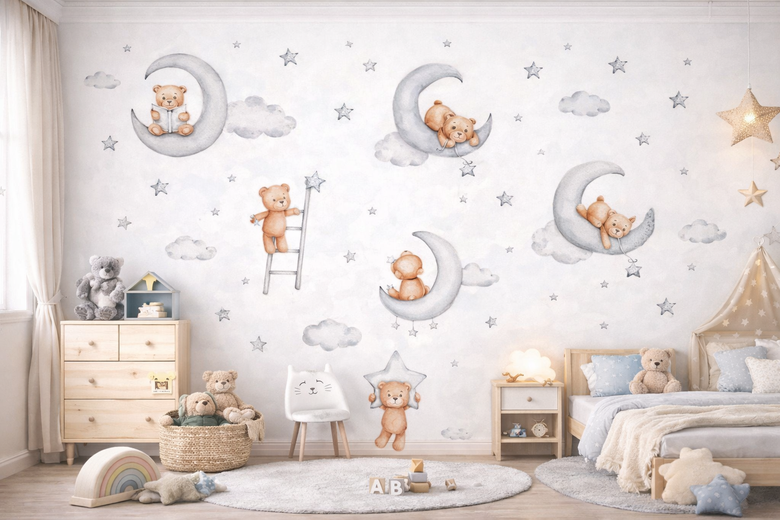 Cartoon Bear Moon with Clouds Wall Stickers – Dreamy Nursery Kids Room Decor