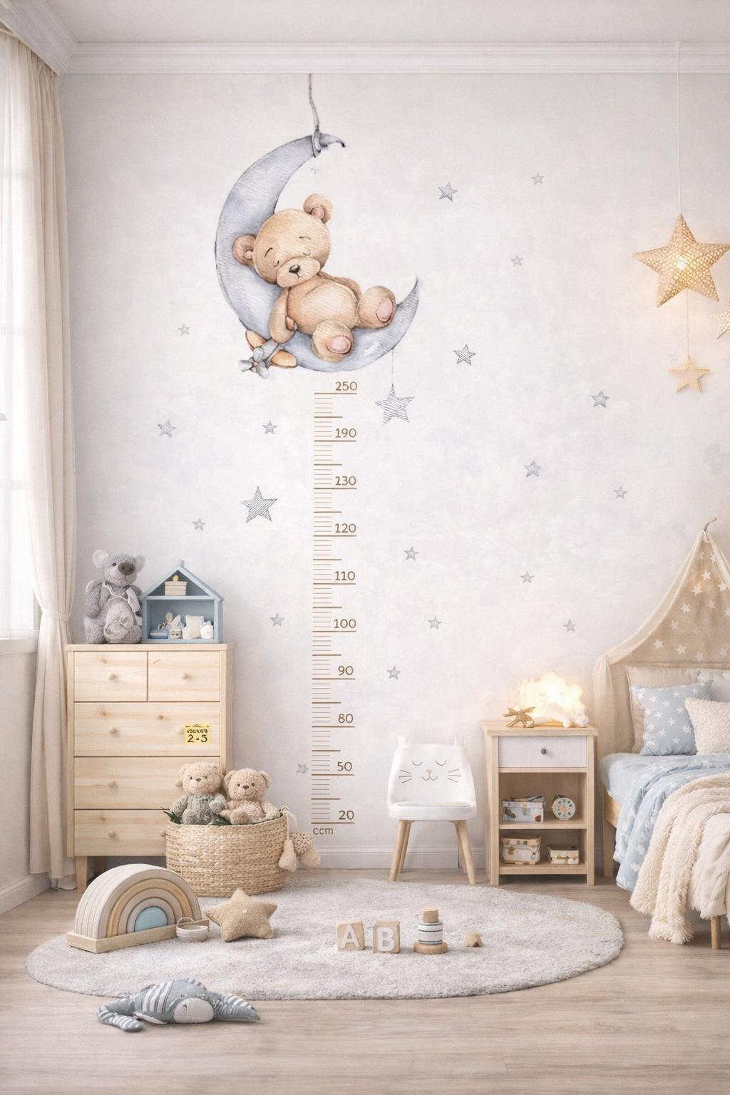 Sleeping Bear Moon Growth Chart Wall Sticker – Decorative Height Measure for Kids
