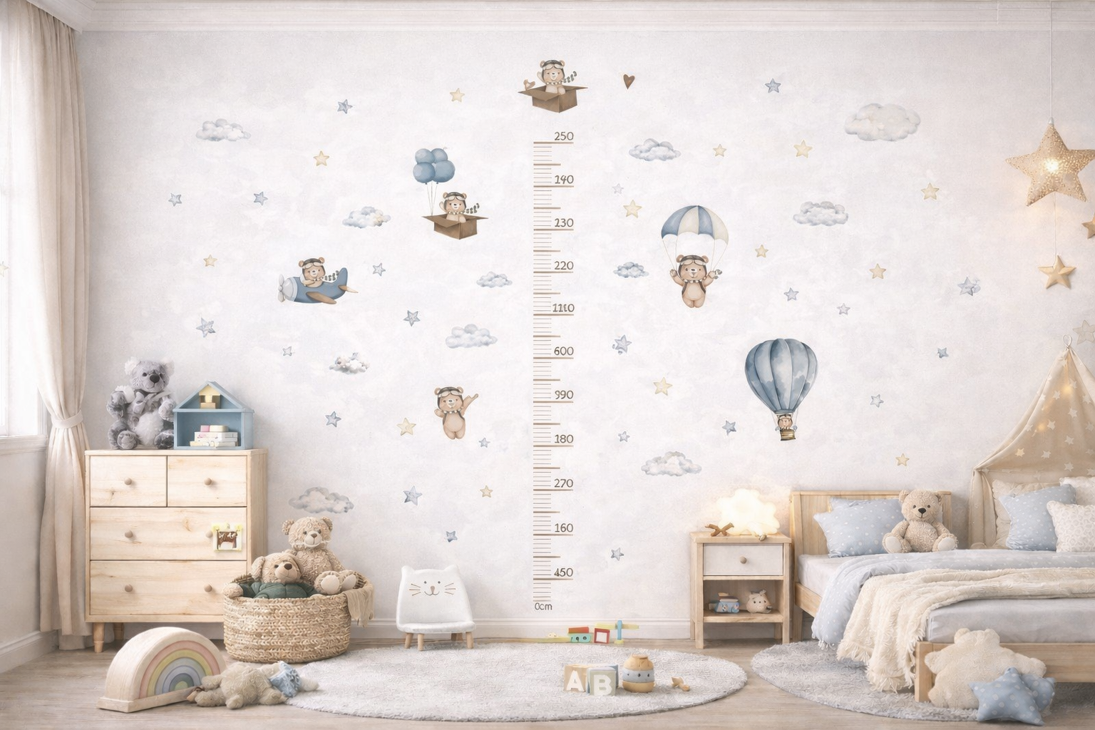 Kids Growth Chart Wall Sticker – Cute Airplane, Teddy Bear Hot Air Balloon Height Measure Decal