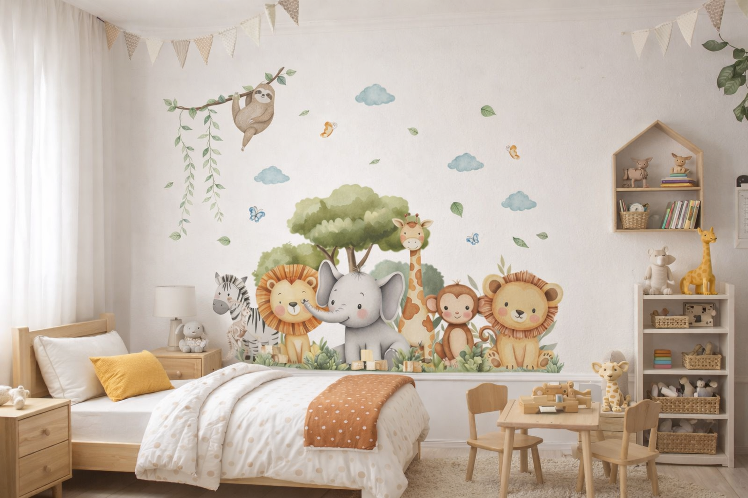 Watercolor Cute Animal Wall Decal – Elephant Monkey PVC Self-Adhesive Sticker