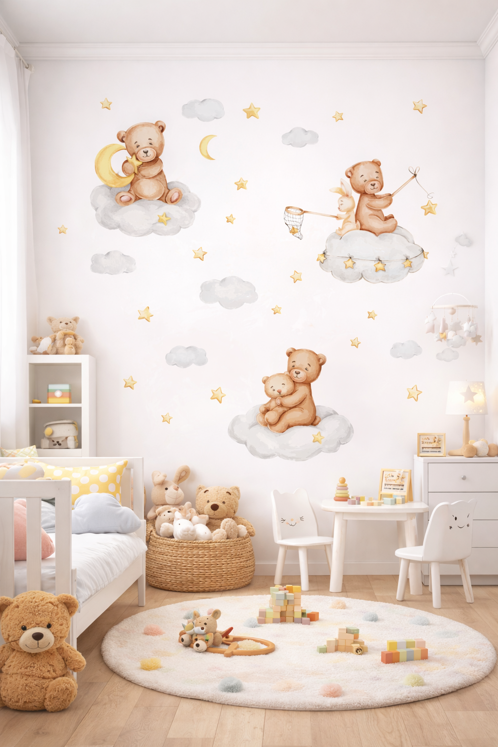 Cartoon Bear Moon with Stars Wall Stickers – Cute Nursery Kids Room Decor