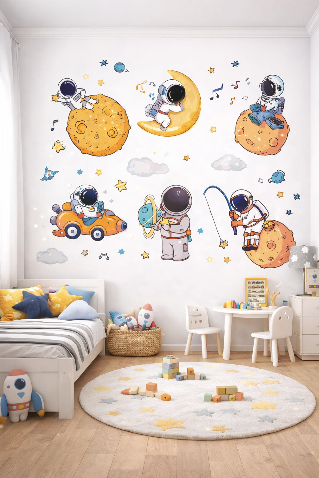 Astronaut Space Wall Stickers Set (6pcs) – Cute Galaxy PVC Decals for Kids Room