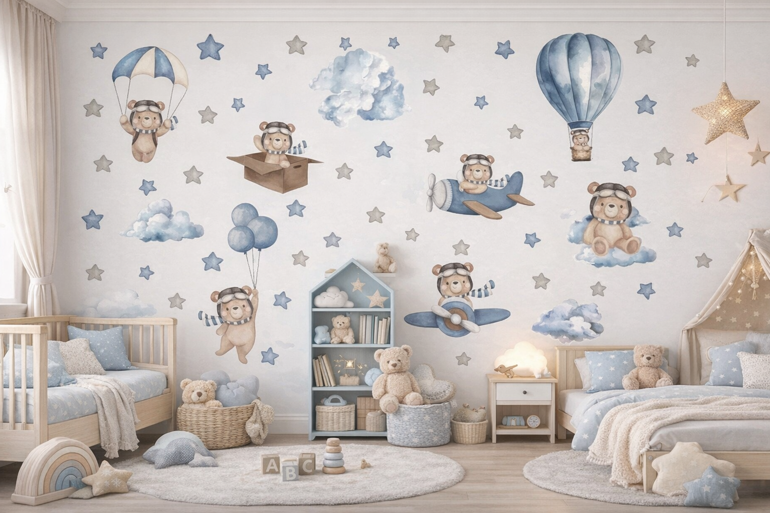 Cartoon Bear Hot Air Balloon Wall Stickers – Nursery  Kids Room Decor
