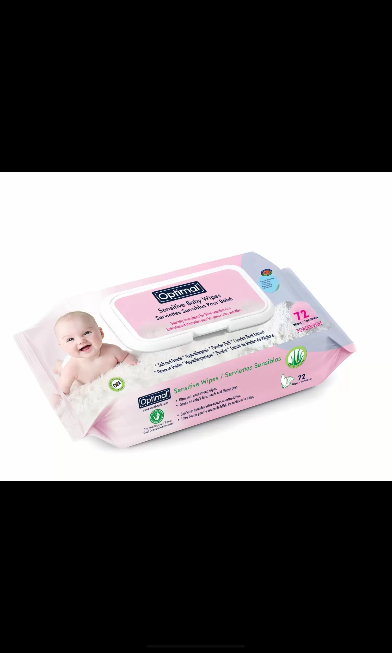 Optimal Powder Puff Sensitive Baby Wipes with Plastic Lid– 72 Wipes