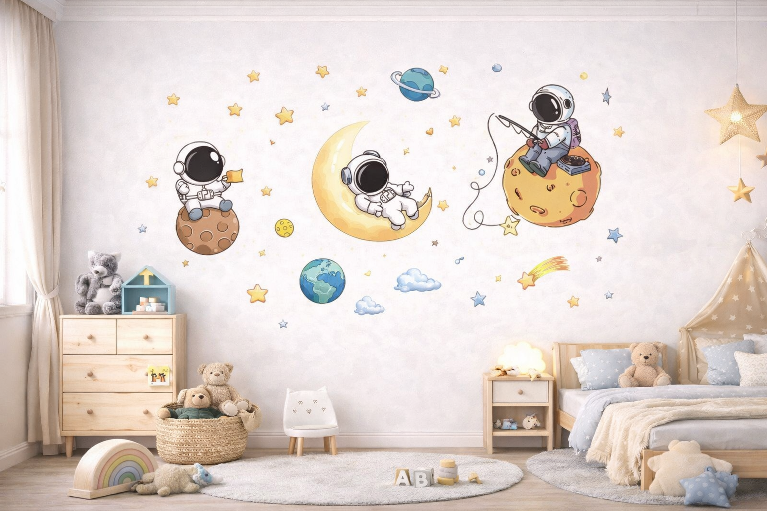 Cute Astronaut Wall Stickers – Cartoon Space Planet Decals for Kids Room